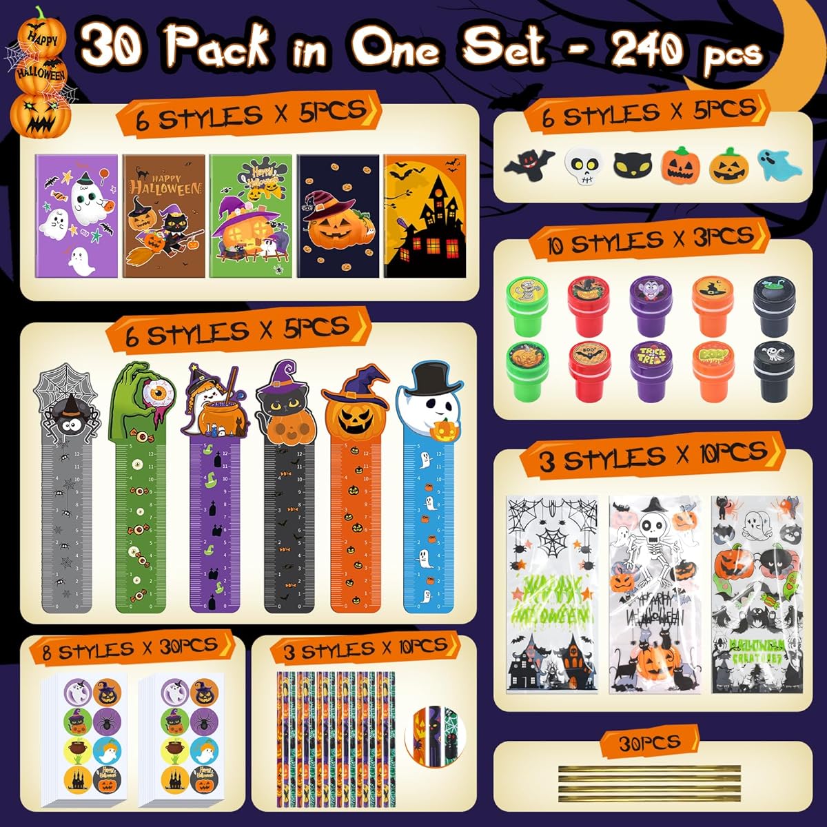 30 Pack Halloween Party Favors 390 Pieces Halloween Stationery Stamps Notes Rulers Stickers Erasers Treat Bags for Kids Trick or Treat Halloween Toys Bulk Gifts Freebies