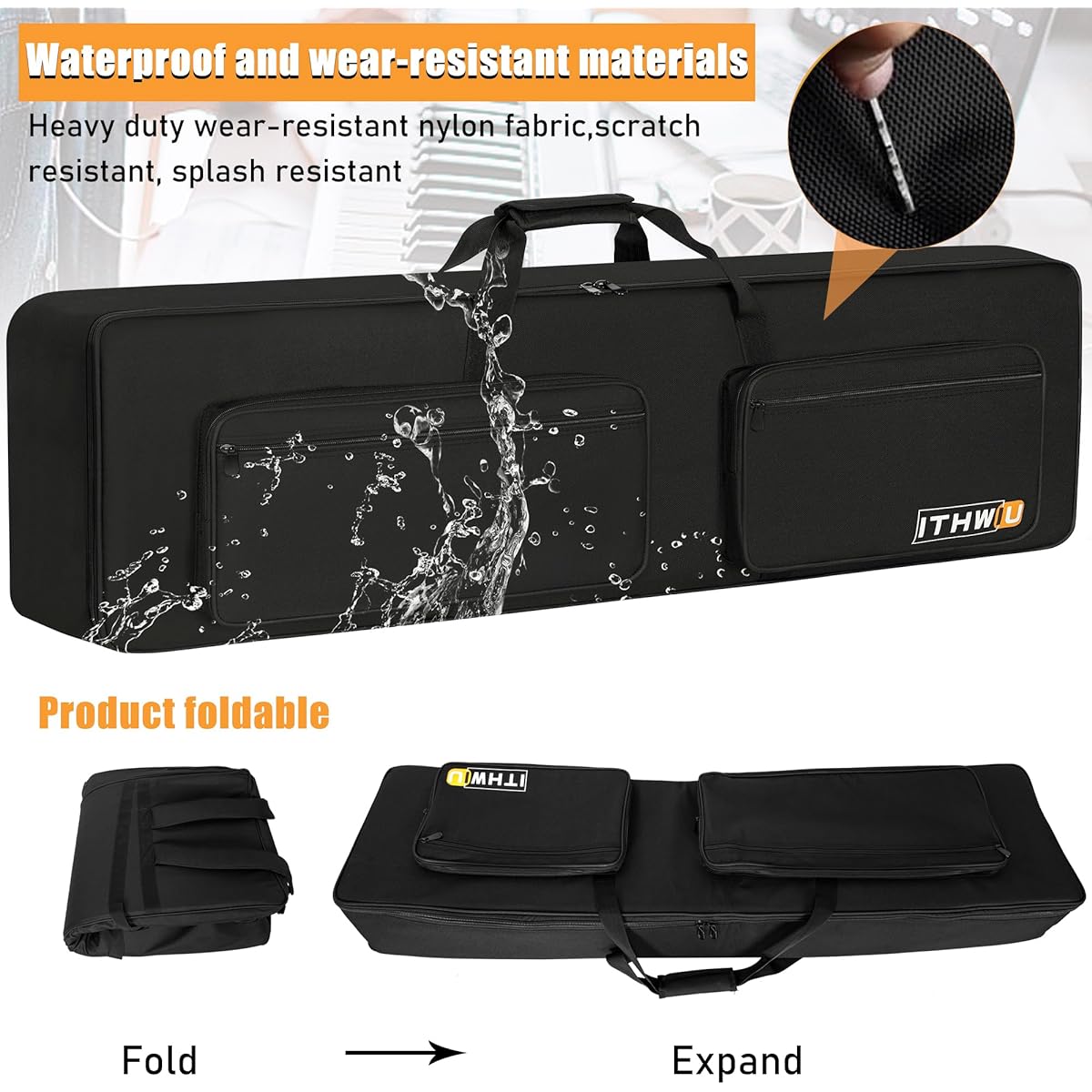ITHWIU Keys Keyboard Case, Keyboard Gig Bag with Electric Piano Pad, Adjustable Strap and 5 Pockets for Keyboard Accessories, Black, 88 Note-Lenth 54"