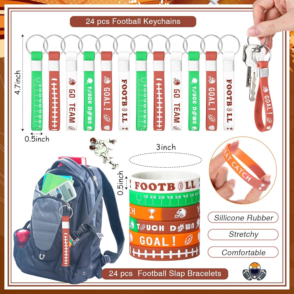 Aoriher 192pcs Sports Party Favors, Sports Slap Bracelets, Keychains, Bouncy Balls, Silicone Bracelets, Hair Ties, Wristbands, Gift Box Erasers, Luminous Tattoos, Sports Theme Party Supplies (Football)