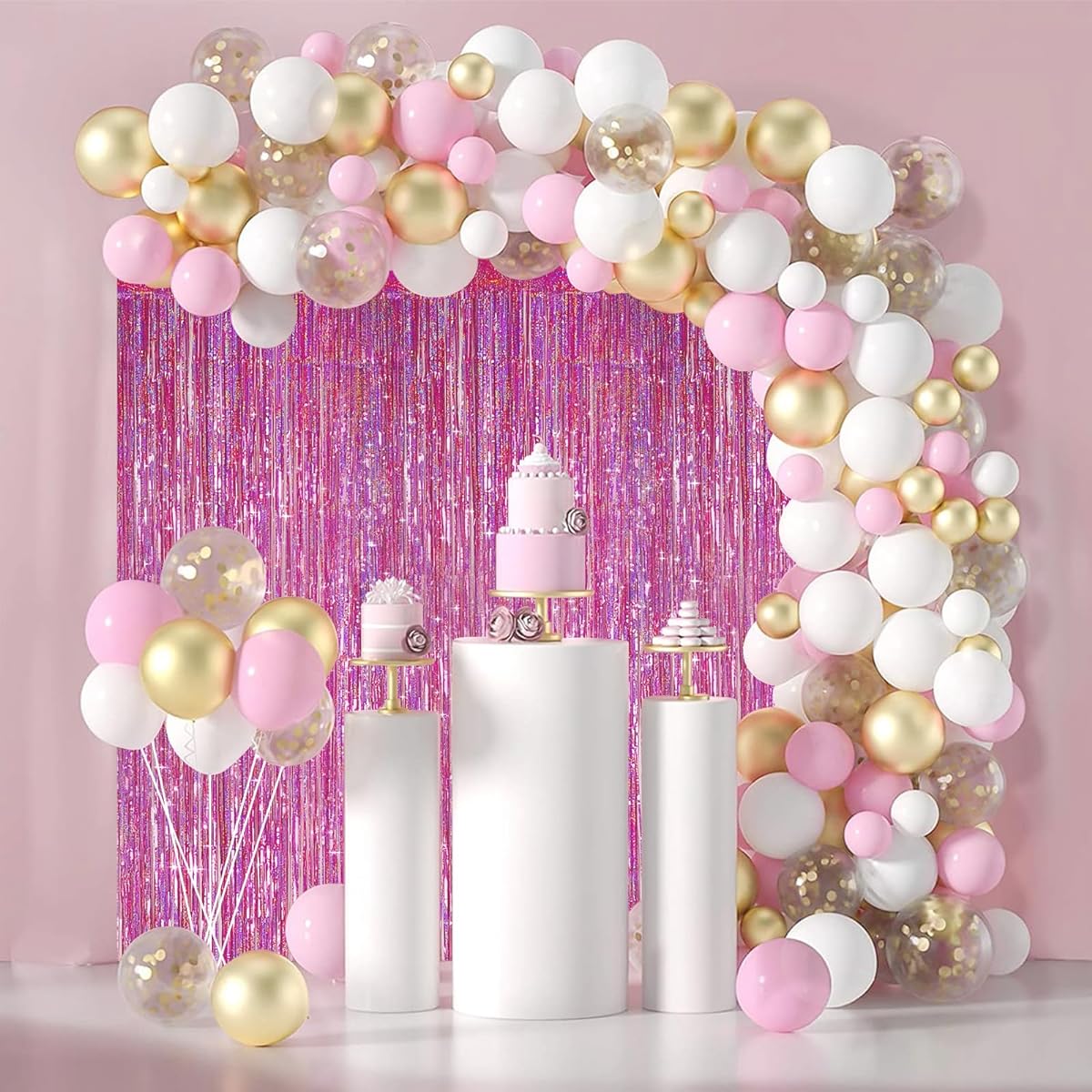 LIKAJON 3 Pack 3.2x8.2ft Pink Backdrop Curtains for Pink Party Decorations, Pink Metallic Tinsel Foil Fringe Curtains, Pink Fringe Background for Graduation, Baby Shower, Gender Reveal, Disco Party