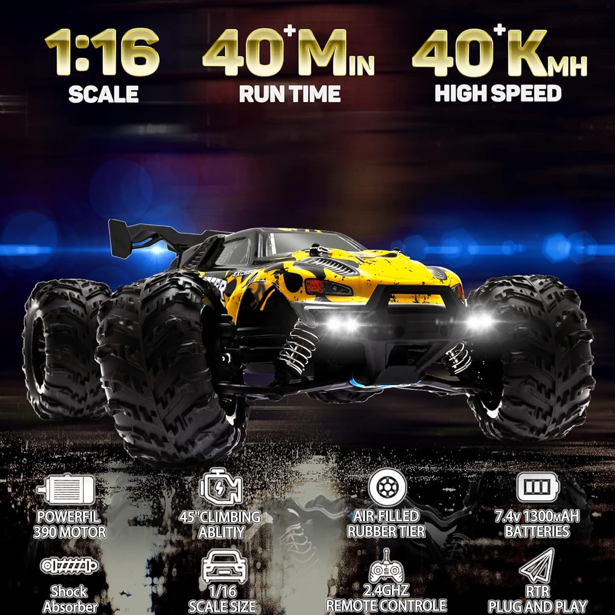 LFOLUSU RC Car 1/16 Scale All Terrain Remote Control Car 4WD 2.4Ghz Off-Road High Speed 40 Km/h High Speed RC Truck Racing Car with LED Headlights 2 Rechargeable Batteries Christmas Gift for Kids and Adults