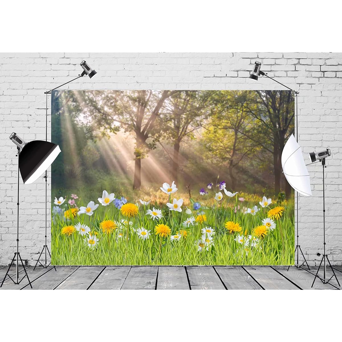 CORFOTO Fabric 5x4ft Spring Backdrop Theme Photography Grassland Trees Yellow Flowers Background Nature Scenery Wedding Photoshoot Adult Birthday Party Valentine's Day Bedroom Decor Poster