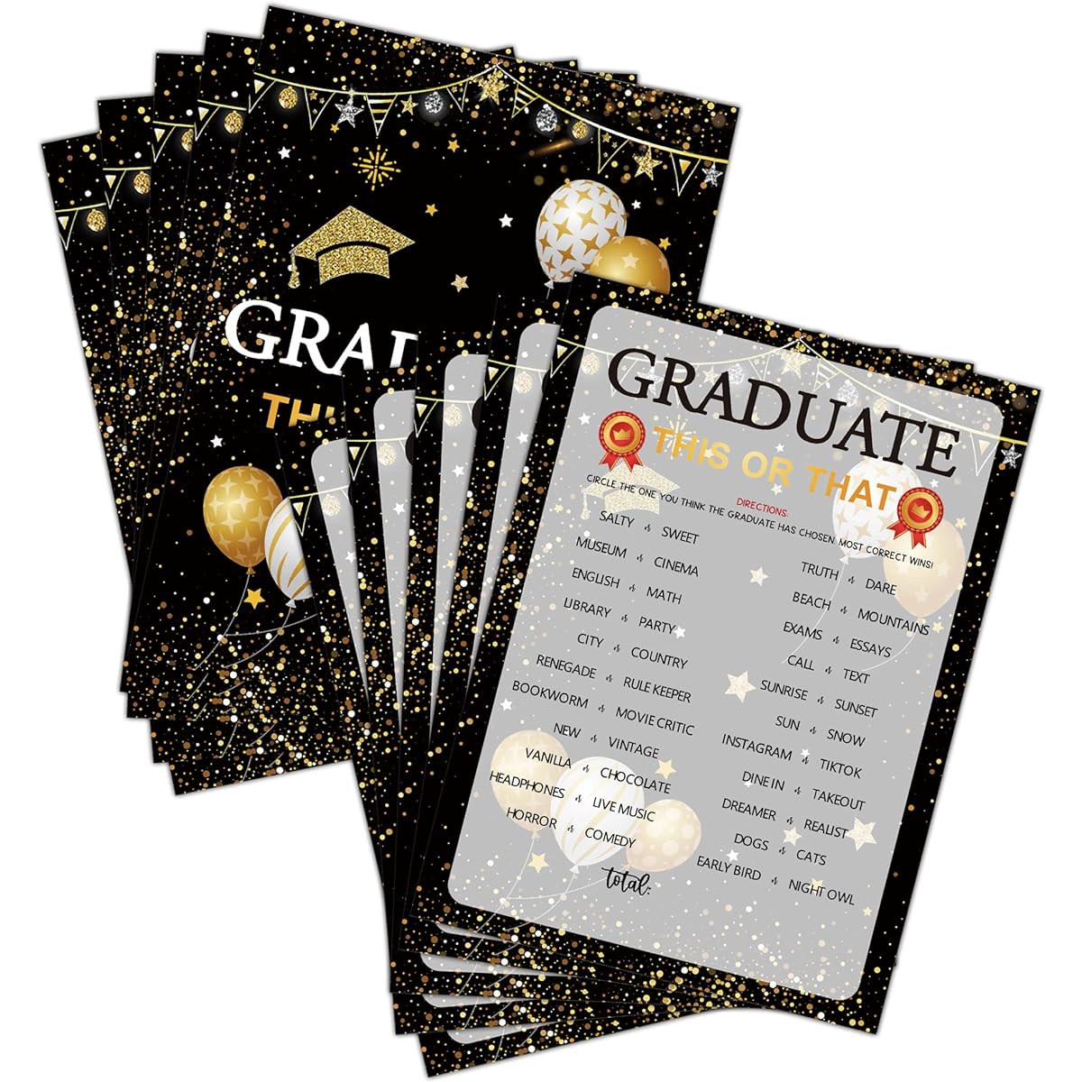 Graduation Party Games - Graduation Game Cards - Graduation Party Decorations 2022 - Gold & Black Graduation Party Supplies for High School/College - 30 Game Cards (F02)