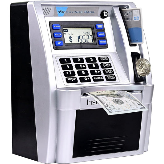 (Sliver/Black) - GoodsFederation Electronic ATM Savings Bank Digital Piggy Money Bank Machine,Electronic Cash Box with Debit Card,Password Login,Voice Prompt,Coin Recognition,Targets Setting (Sliver/Black)