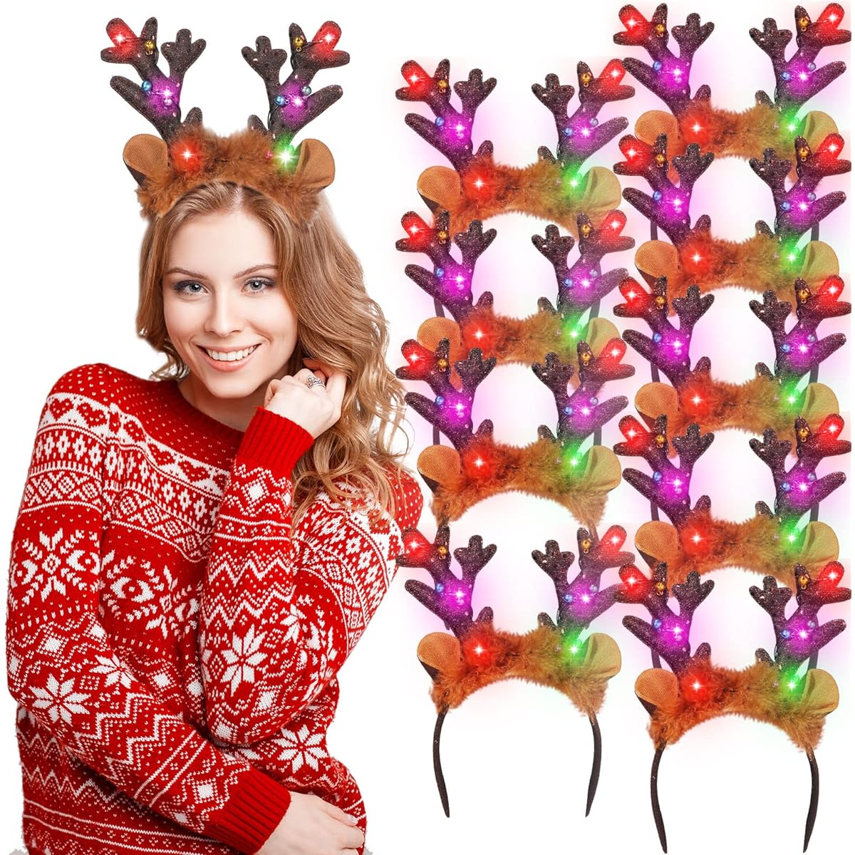 Light Up Christmas Reindeer Headband LED Reindeer Antlers Headband Bell Deer Ear Headband Christmas Supplies Holiday Party Favors 9 Pieces