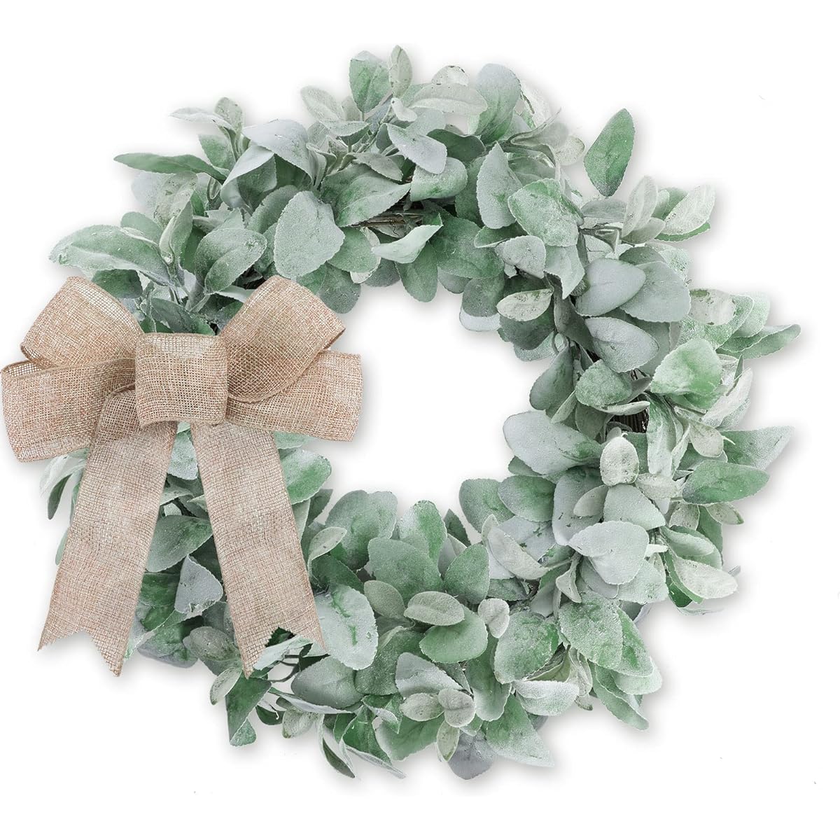 Lyrow 22" Flocked Lamb Ears Wreath for Entrance Artificial Hanging Green Christmas Wreath with Burlap Ribbon Wedding Party Ornament Farmhouse Round Modern Wreath for Home Window Porch Garden