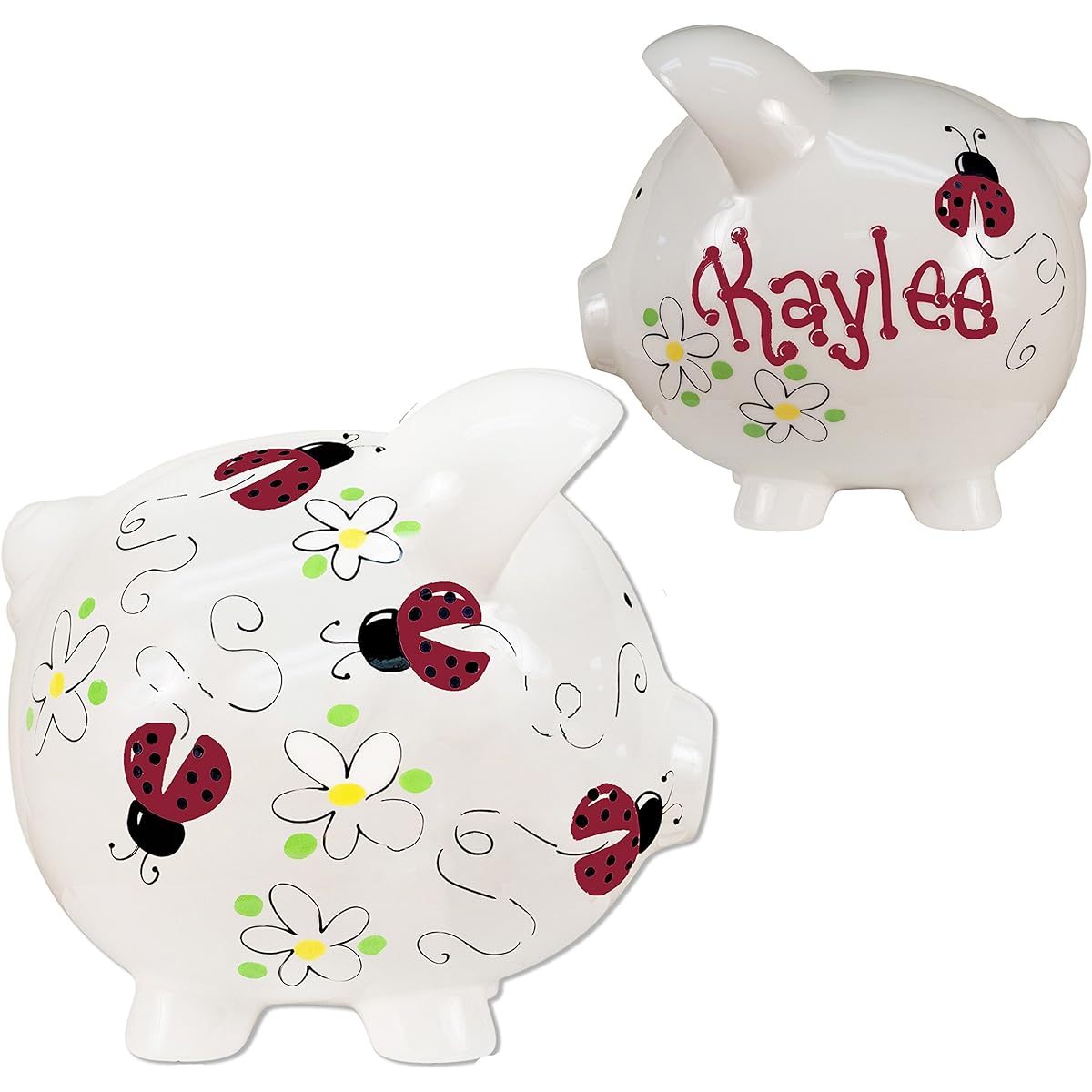 My Bambino Girls Hand Painted Personalized Pink Ladybug Piggy Bank Large White Ceramic Money Box Baby Gift (Red Ladybug)