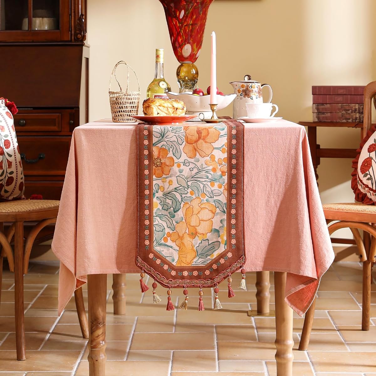 bilin gaier Floral Table Runner, Durable Rectangular Table Runner Linen Polyester, Luxurious Soft Table Runner with Flower Print Decoration for Dining Room, Party, Banquet, Anniversary, 12" x 63"