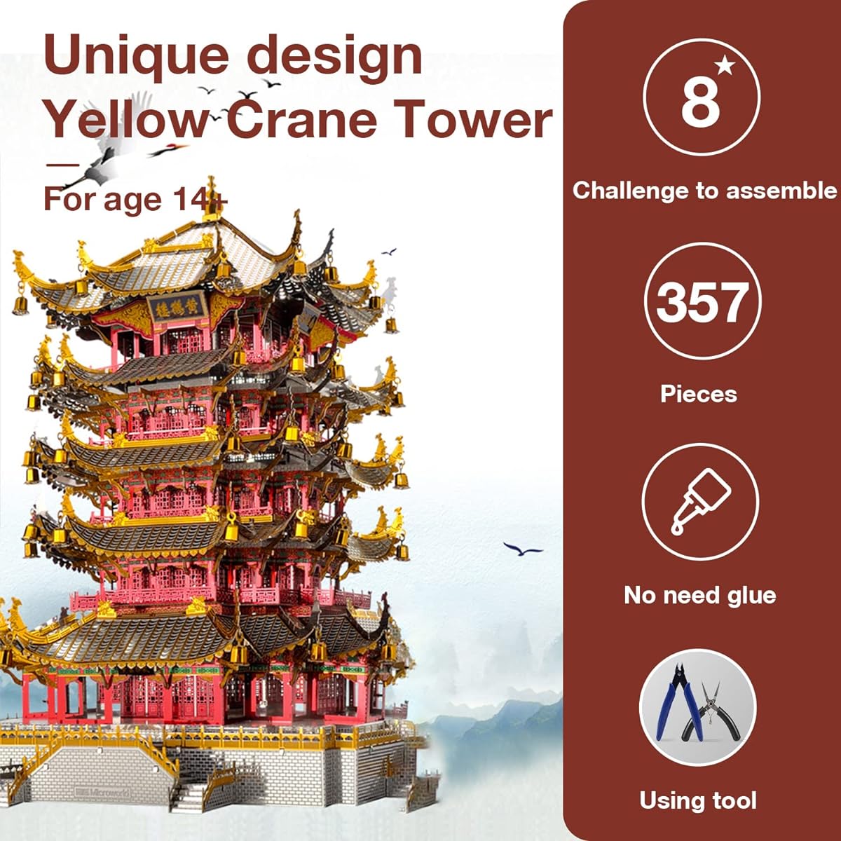 Microworld 3D Metal Puzzle Wuhan Yellow Crane Tower Metal Model Kit Chinese Architecture DIY 3D Puzzle for Adults Building Puzzle Brain Teaser Art Craft Toys - 357 Pieces