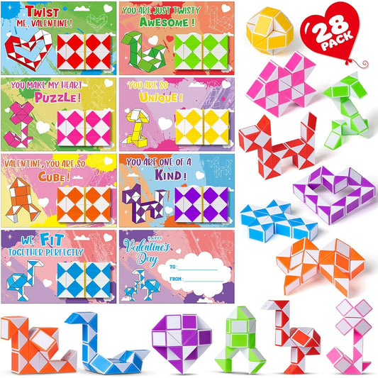 28 Pack Valentine Cards for Kids Classroom Mini Twist Puzzle Snake Cube Toy Blocks Fidget Snake Cube Valentine Gifts for Kids Valentines Kids Classroom Exchange