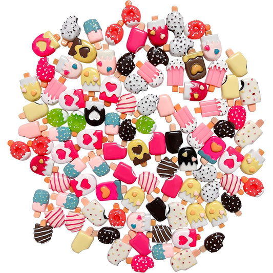 Anrher 100pcs Miniature Ice Cream Sticks Flatback Resin Mixed Decoration Set for Kids Pretend Kitchen Play Cooking Game DIY Toys