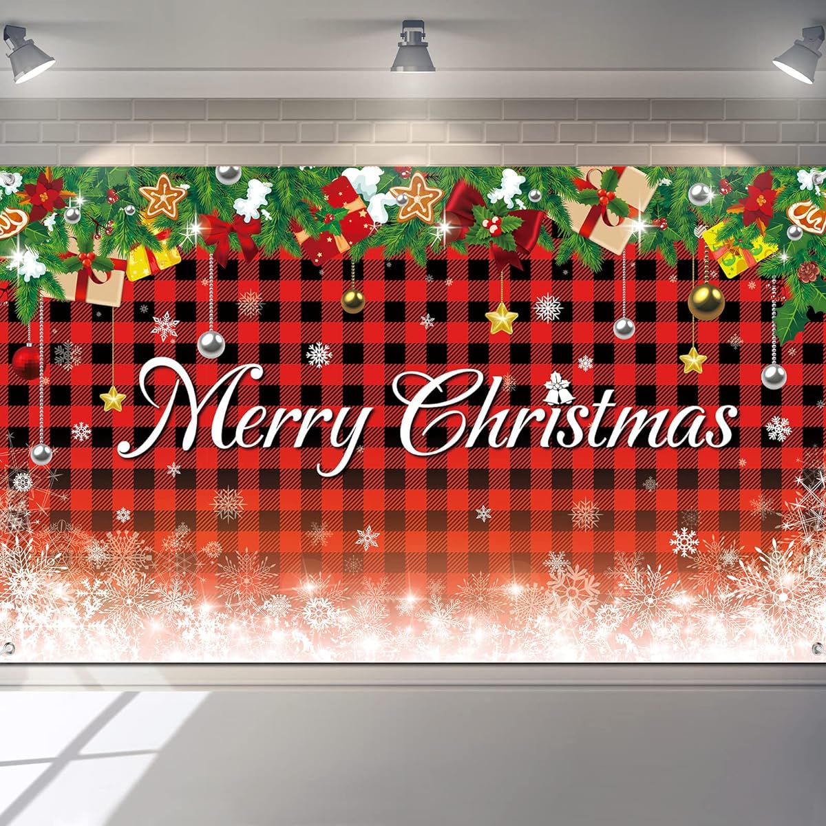 Merry Christmas Backdrop Banner, Red Buffalo Plaid Photo Background Winter Snowflake Christmas Ornaments Photo Banner Christmas Photo Booth Props Holiday Party Decorations Supplies 72.8 x 43.3 Inch