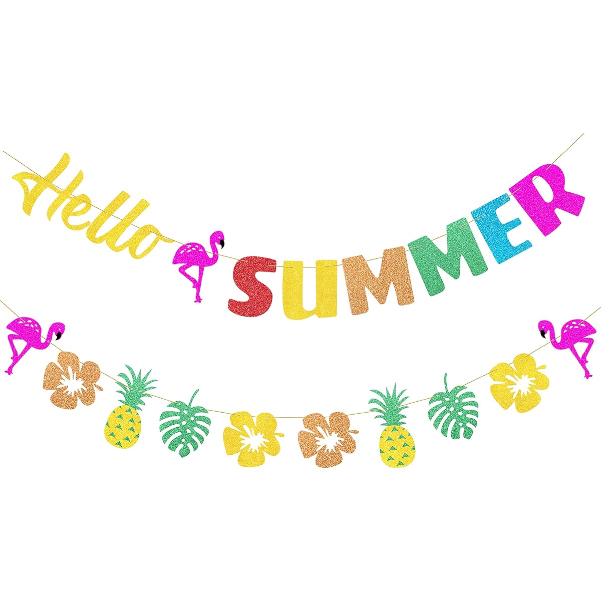 VILIFEVER Glitter Hello Summer Banner with Flamingo, Hello Summer Decorations for Home Office School Decor, Hawaiian Tropical Theme Holiday Birthday Party Supplies, Pre-strung