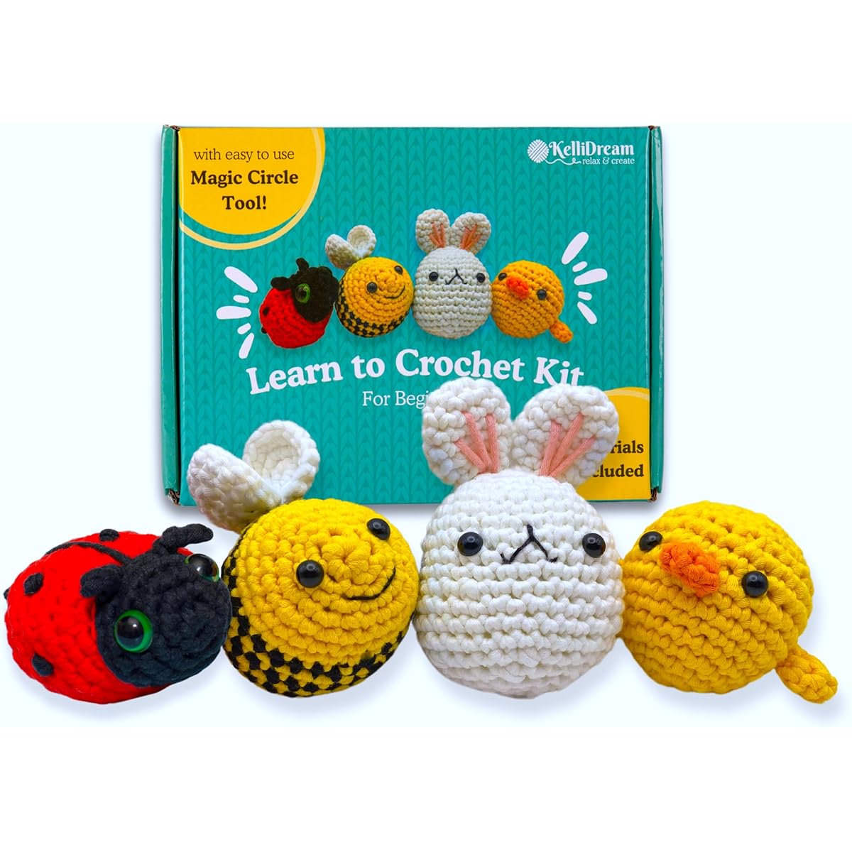 KelliDream Learn to Crochet Kit for Beginners - Crochet Amigurumi Animals Crochet Animal Kit with Crochet Bunny, Bee, Chick and Ladybug