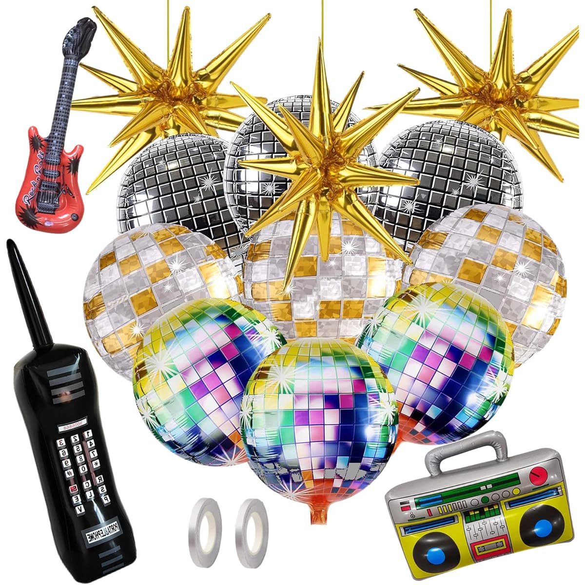 80s 90s Party Decorations, 15pcs Disco Balloons Gold Exploding Star Foil Balloons Inflatable Boom Box Guitar Cell Phone Balloons for 80s 90s Hip Hop Theme Birthday Party Decoration Supplies (Gold)