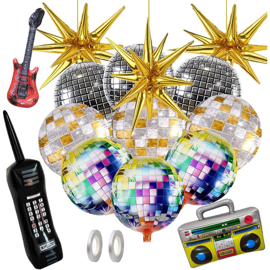 80s 90s Party Decorations, 15pcs Disco Balloons Gold Exploding Star Foil Balloons Inflatable Boom Box Guitar Cell Phone Balloons for 80s 90s Hip Hop Theme Birthday Party Decoration Supplies (Gold)