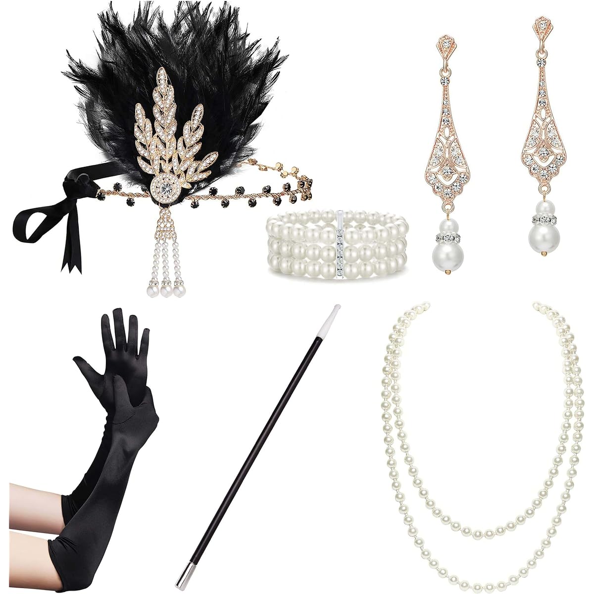BABEYOND 1920s Flapper Gatsby Costume Accessories Set 20s Flapper Headband Pearl Necklace Glove Holder