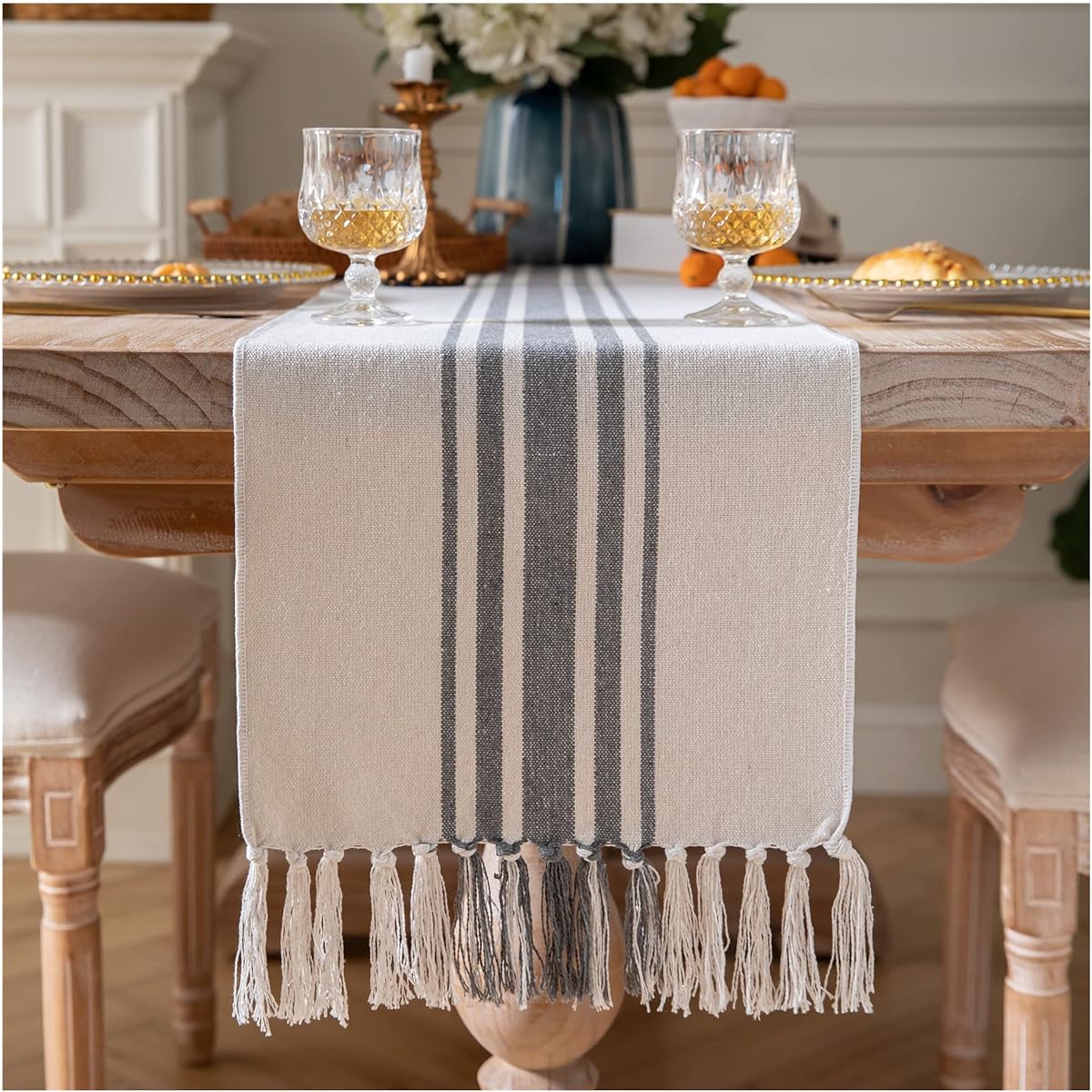 Caflife Boho Table Runner Modern Farmhouse Decor Dining Table Decorations 13" x 108" Long with Handcrafted Tassels Grey and Beige Striped Table Runner for Home Boho Decor