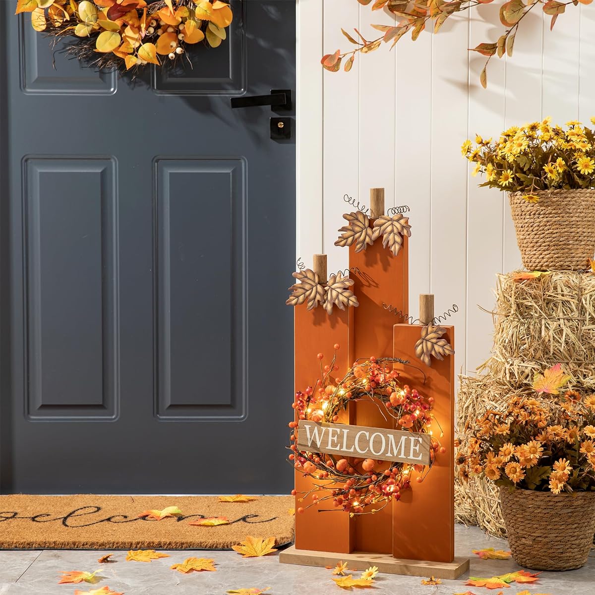 glitzhome 30" Tall Welcome Fall Sign with Lighted Wreath, Wooden Pumpkin Porch Sign, Pumpkin Welcome Sign for Home or Garden