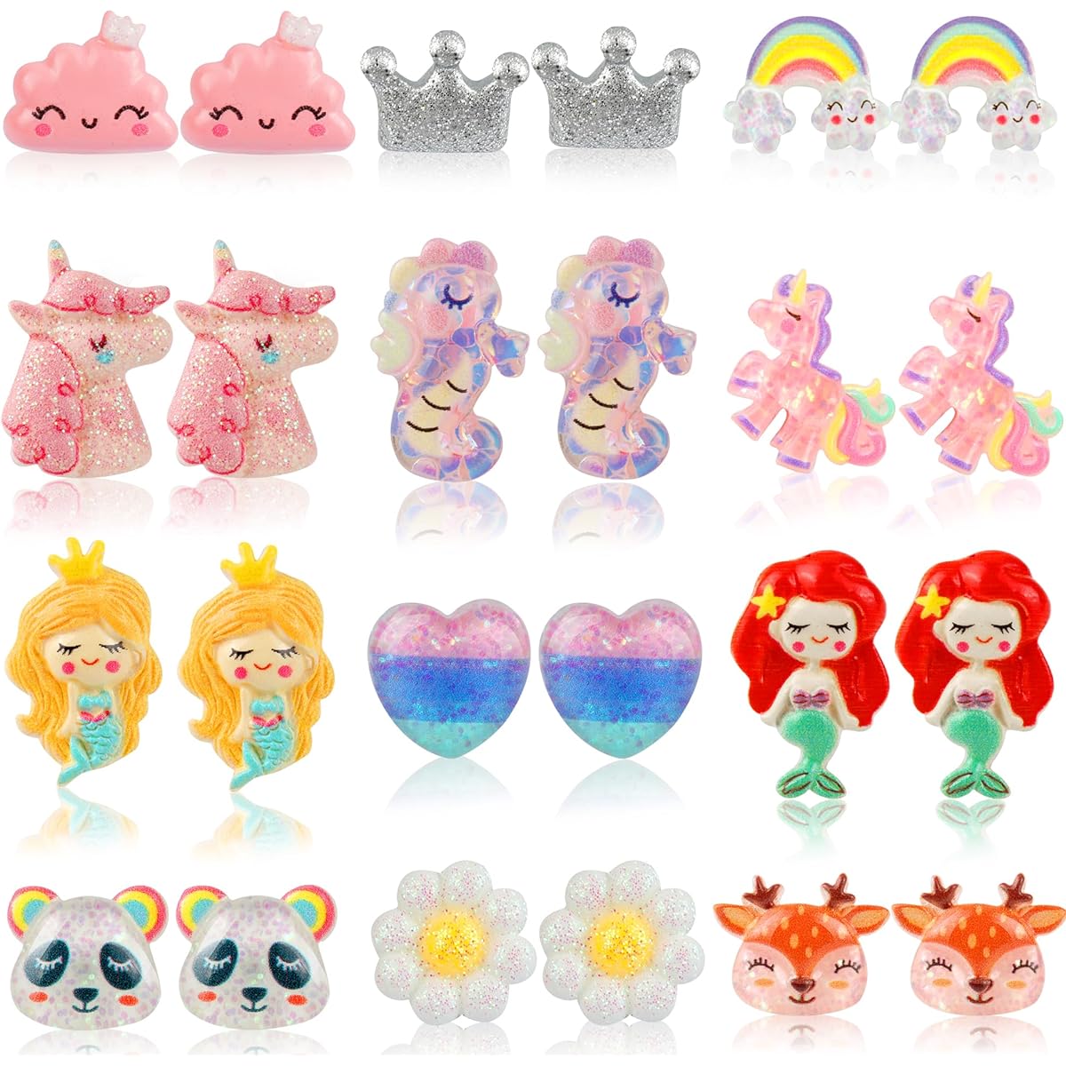 Sunxiner 12 Pairs Clip-on Earrings for Kids, for Girls Ages 4-12, Hypoallergenic, Little Girl Cute Small Clip-on Earrings, Jewelry Gift Set, 12 Pairs, Resin, No Gemstones