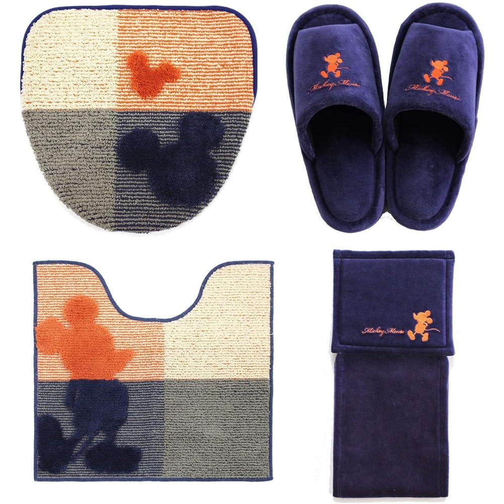 Disney Mickey Toilet Mat 4 Piece Set Blue Washing Heating Type Oka MC Style Navy Stylish Disney Mickey Mouse Miscellaneous Goods 4 Piece Set