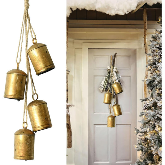 4 Cowbells Christmas Cowbells Rustic Vintage Lucky Cowbell Handmade Harmony Giant Christmas Decoration Bells Antique Gold Brass Wall Bells Country Style Bell Ornaments for Tree