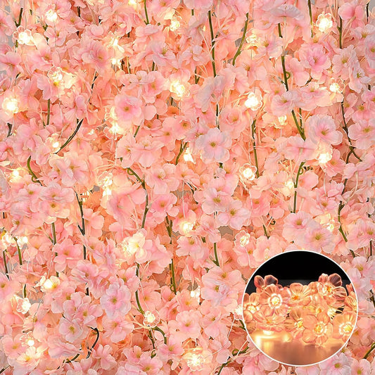 Sunm Boutique 4 Pieces Total 23.6 Feet Artificial Cherry Blossom Flowers Sakura Garland with Fake Lights Silk Flower Garland Vine Plants Home Wedding Party Decoration Pink