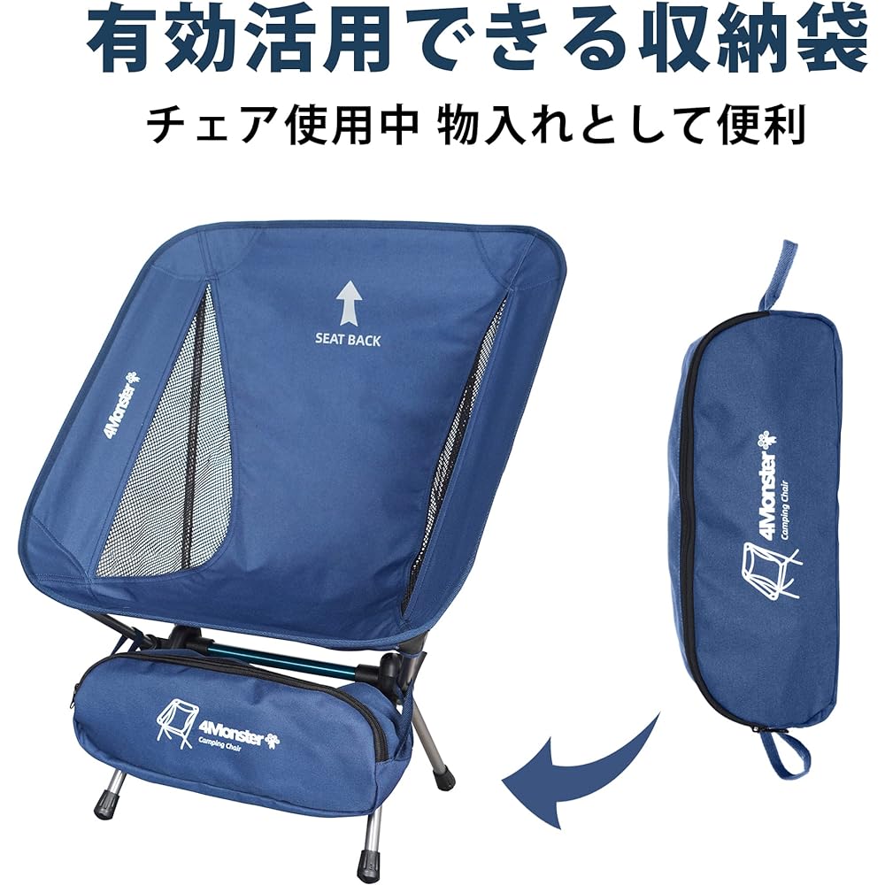 4Monster Outdoor Chair, Camping Chair, Low Chair, Ground Chair, Stable, Lightweight, Foldable, Compact, Hiking, Fishing, Climbing, Black