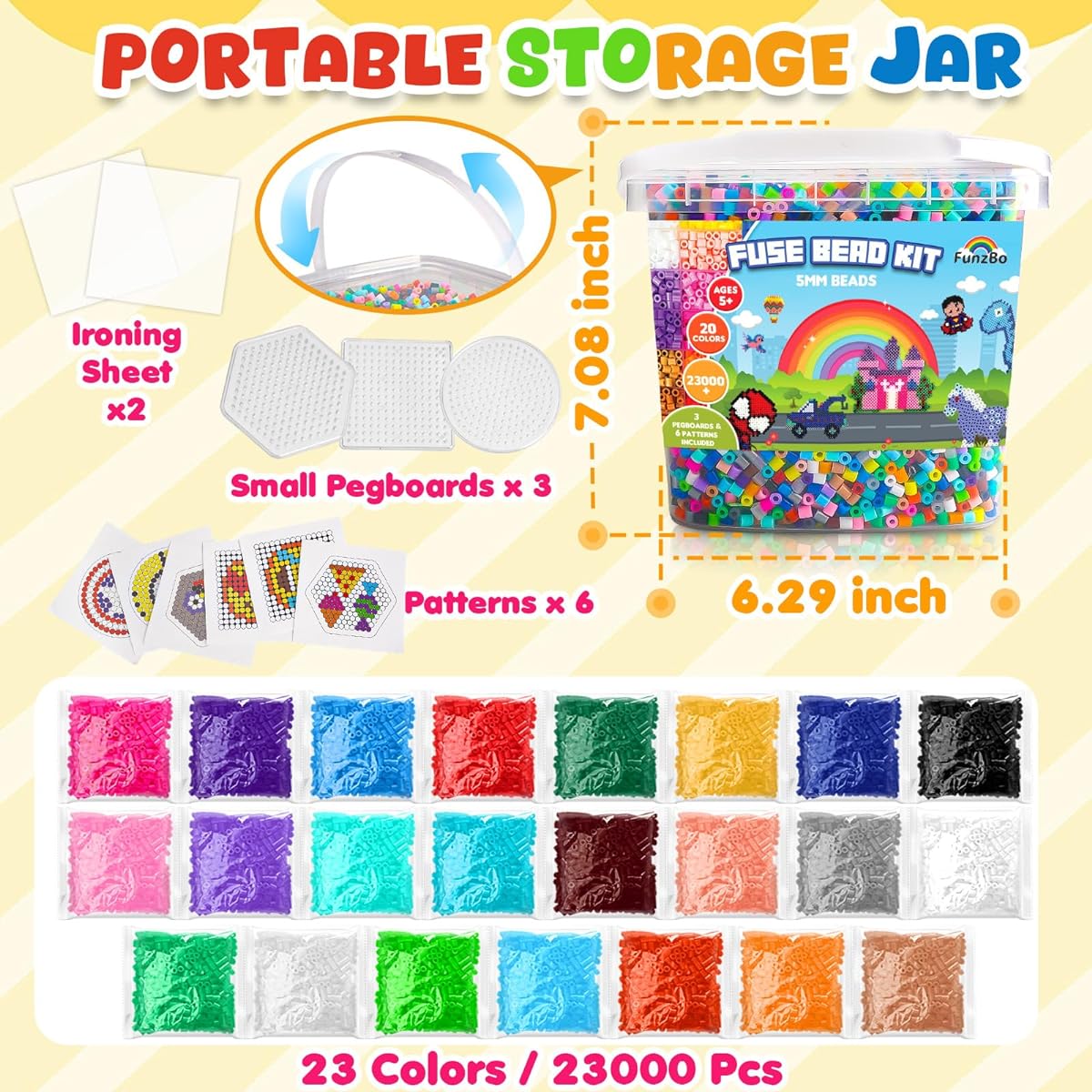 FUNZBO 23000+ 5mm Fuse Bead Kit - 20 Colors Refill Set, 3 Pegboards & 6 Patterns, Arts & Crafts Projects, Toys for Kids/Teens/Adults, Gifts for Girls & Boys Ages 5+