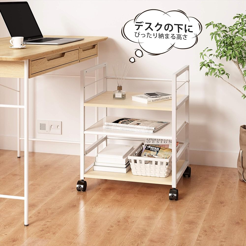 DEVAISE Printer stand with casters, side wagon, desk wagon, printer rack, under desk storage, convenient to move, width 52, depth 40, height 63 cm, under desk storage shelf, wooden, sleeve desk, slim office wagon, desk wagon, natural