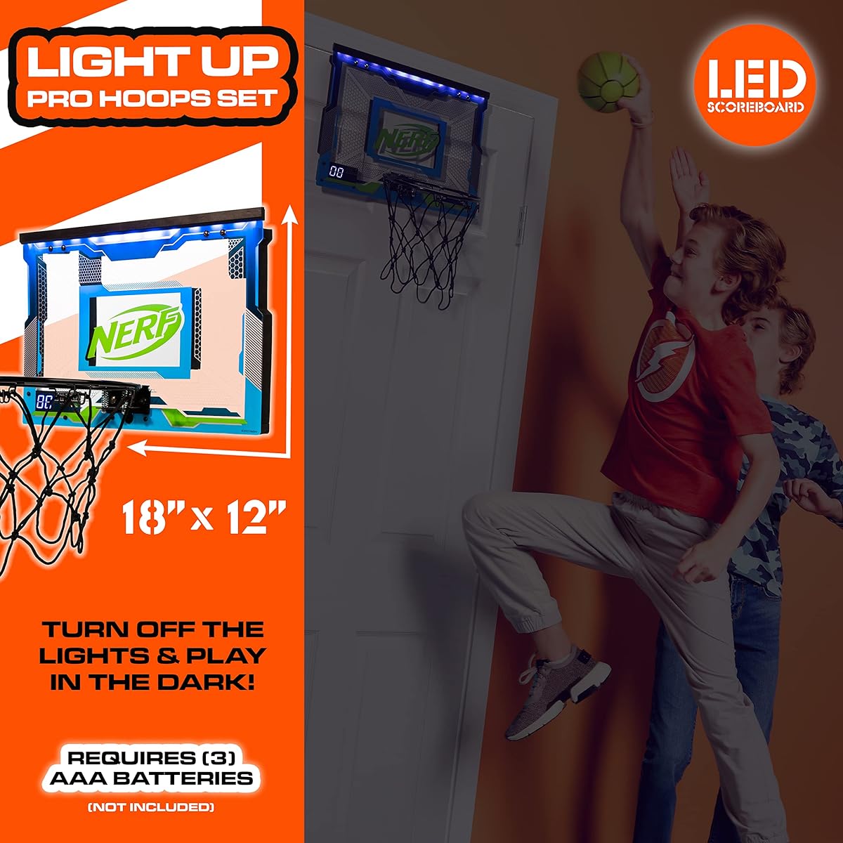 NERF LED Door Hanging Mini Basketball Hoop - Pro Hoop Light Up Indoor Kids Basketball Hoop - Electronic Slam Dunk Mini Hoop Set with Mini Basketball - Door + Bedroom Indoor Hoop for Kids
