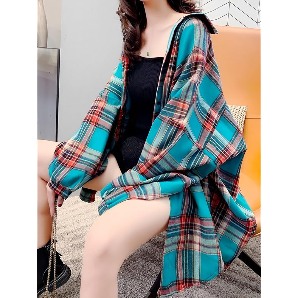 [Luxe Relax] Check Pattern Puff Sleeve Long Shirt, Long Sleeve, Loose, Spring, Autumn, Tops, Women's 21
