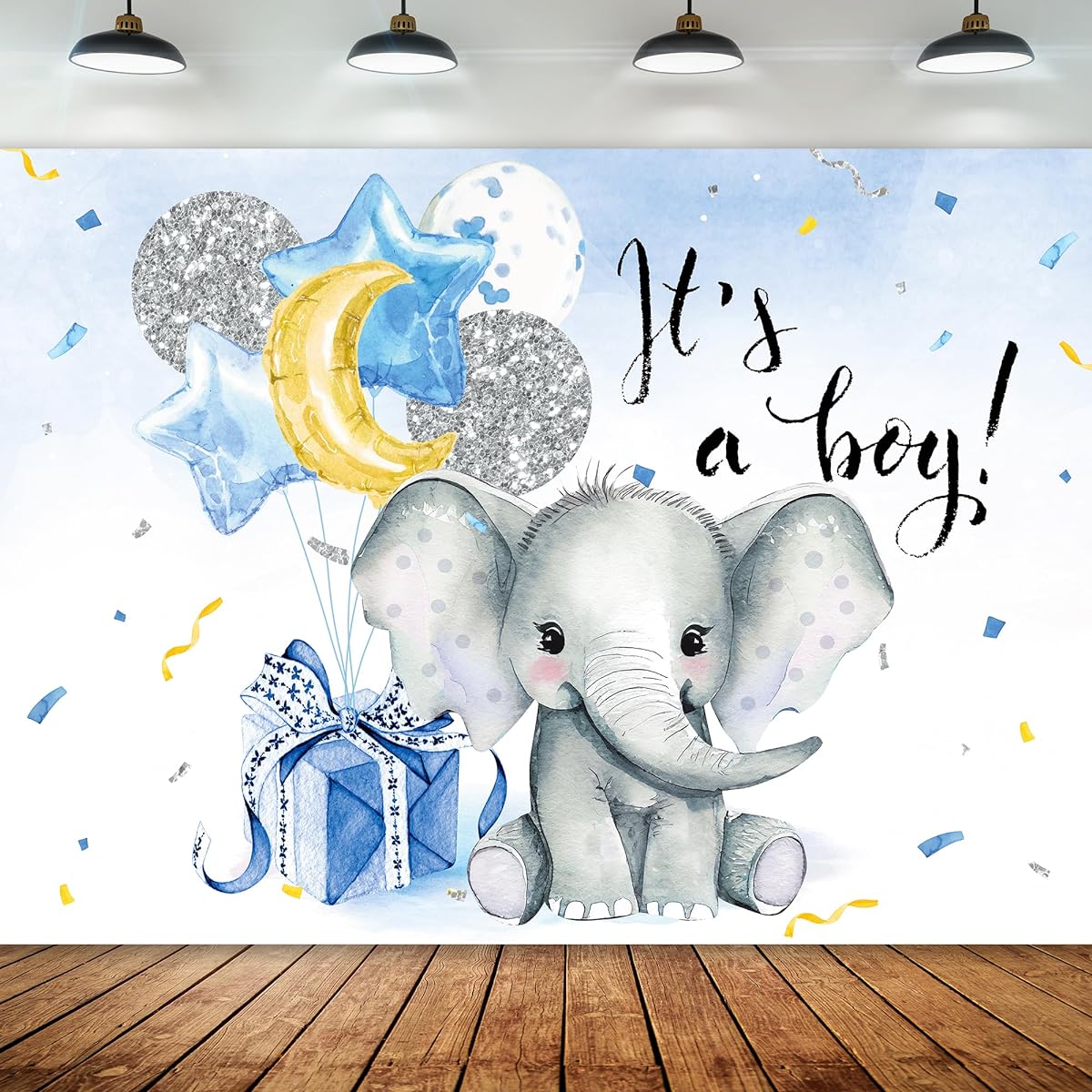 Newsely Blue Elephant Baby Shower Backdrop 7"W x 5"H Photo Watercolor Balloons Animal Theme Boy Background Stars and Moon Gifts Party Decorations Banner Photo Booth Props Birthday Supplies