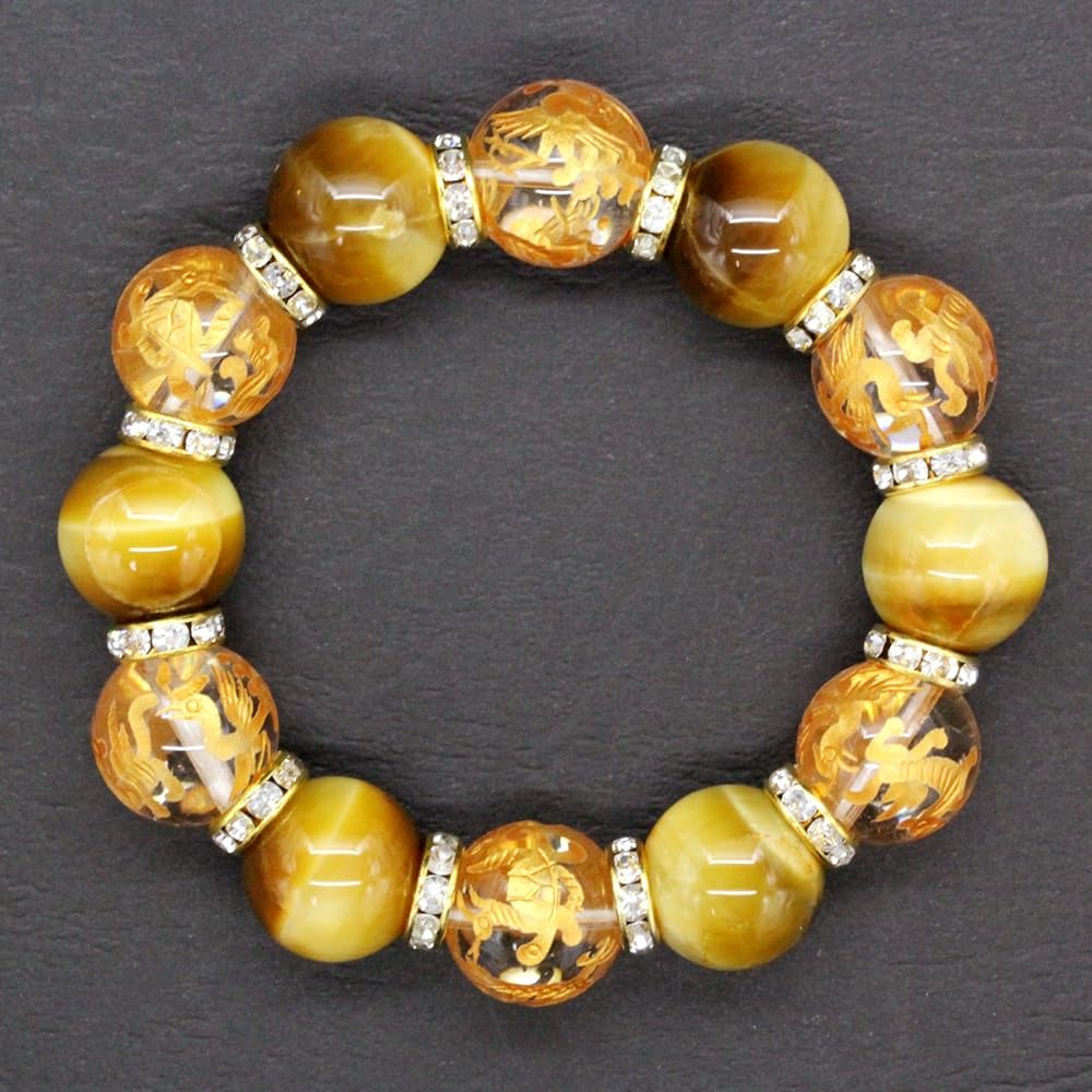 Sekihui 4A Mala Beads Golden Tiger Eye 16mm Four Gods Crystal Bracelet with Paulownia Box Money Luck, Work Luck, Financial Luck [b062]