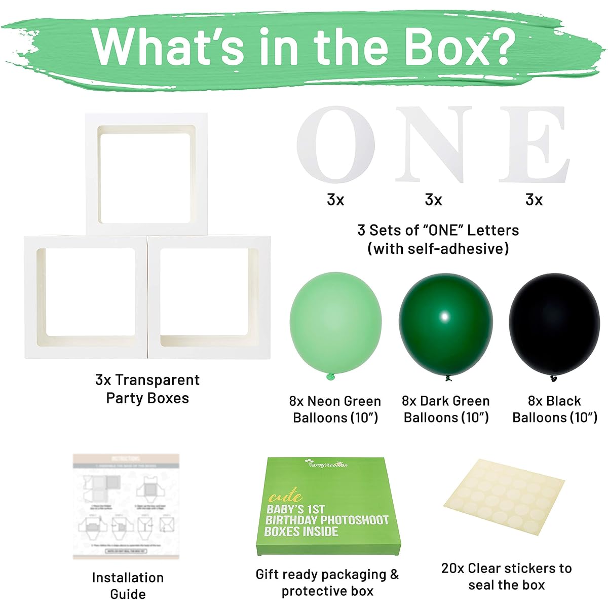 1st Birthday Balloons "ONE" Box for 1 Year Old with 24 Balloons - Baby First Birthday Decorations Clear Cubes "ONE" Letter Blocks Safari/Jungle Wild One Green Theme