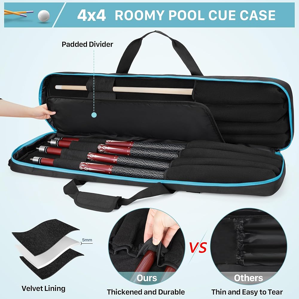 GOBUROS Billiard Cue Case Pool Cue Case Holds 4 Bats and 4 Shafts Pool Cue Bag Pool Cue Case 1/2 Billiard Cue Bag