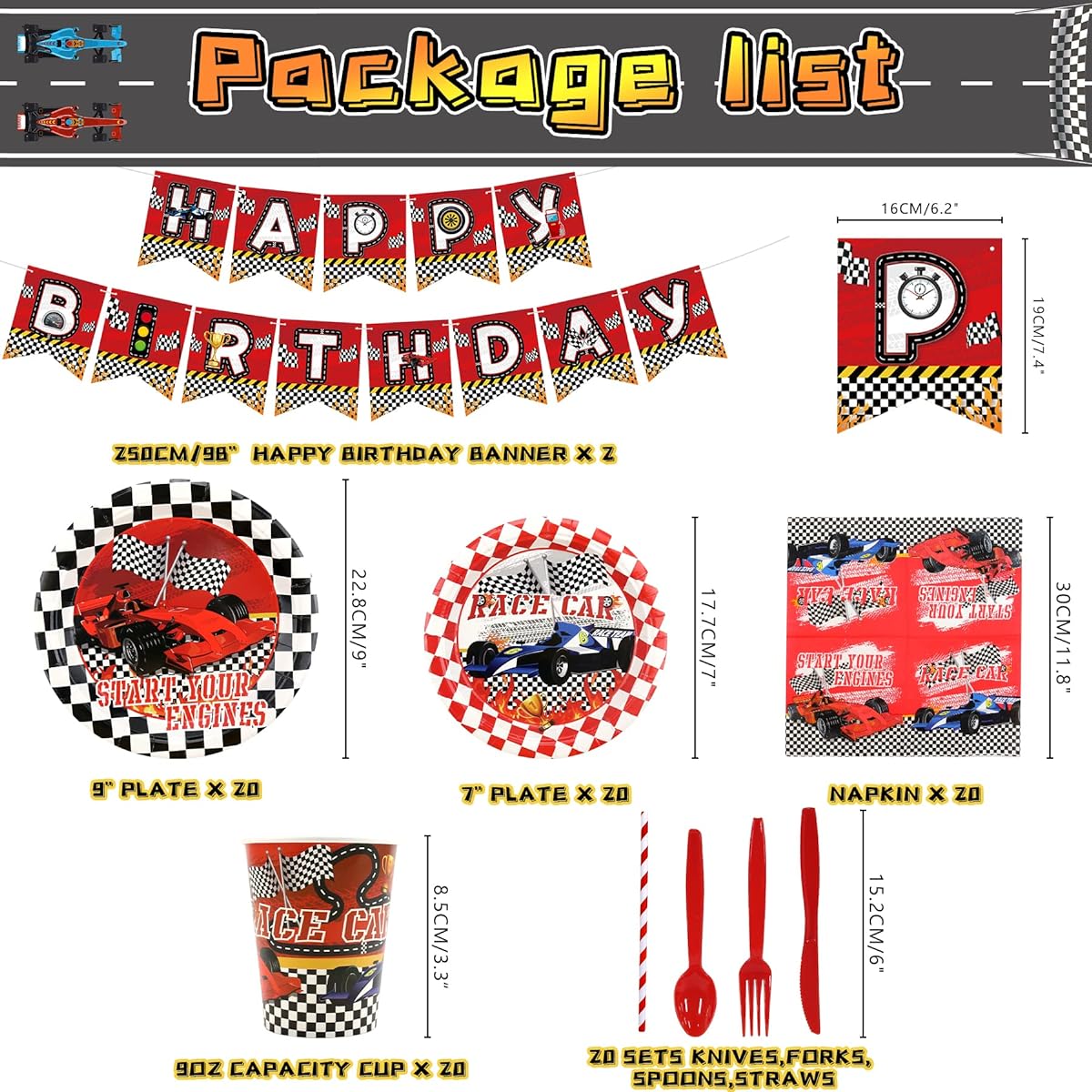 Race Car Birthday Party Supplies, Race Car Tableware Set, Check Flag Party Decorations, Boys Car Party Theme Decorations, Racing Party Supplies, Serves 20 (B)