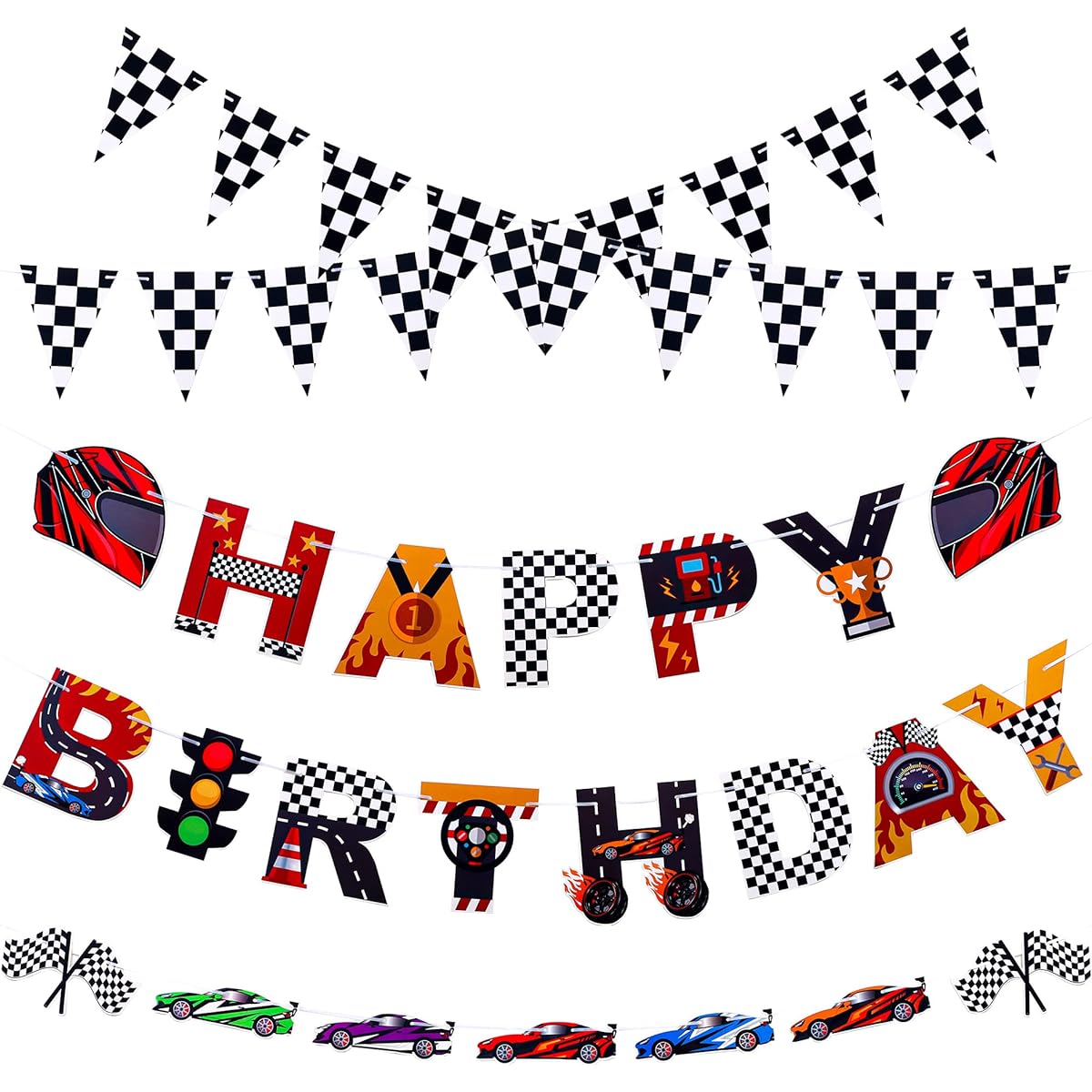 Set of 5 Race Car Party Banners Happy Birthday Paper String Banner Car Theme Garland Banner Checkered Flags Pennants Birthday Party Supplies Photo Props Baby Shower Wall Decor