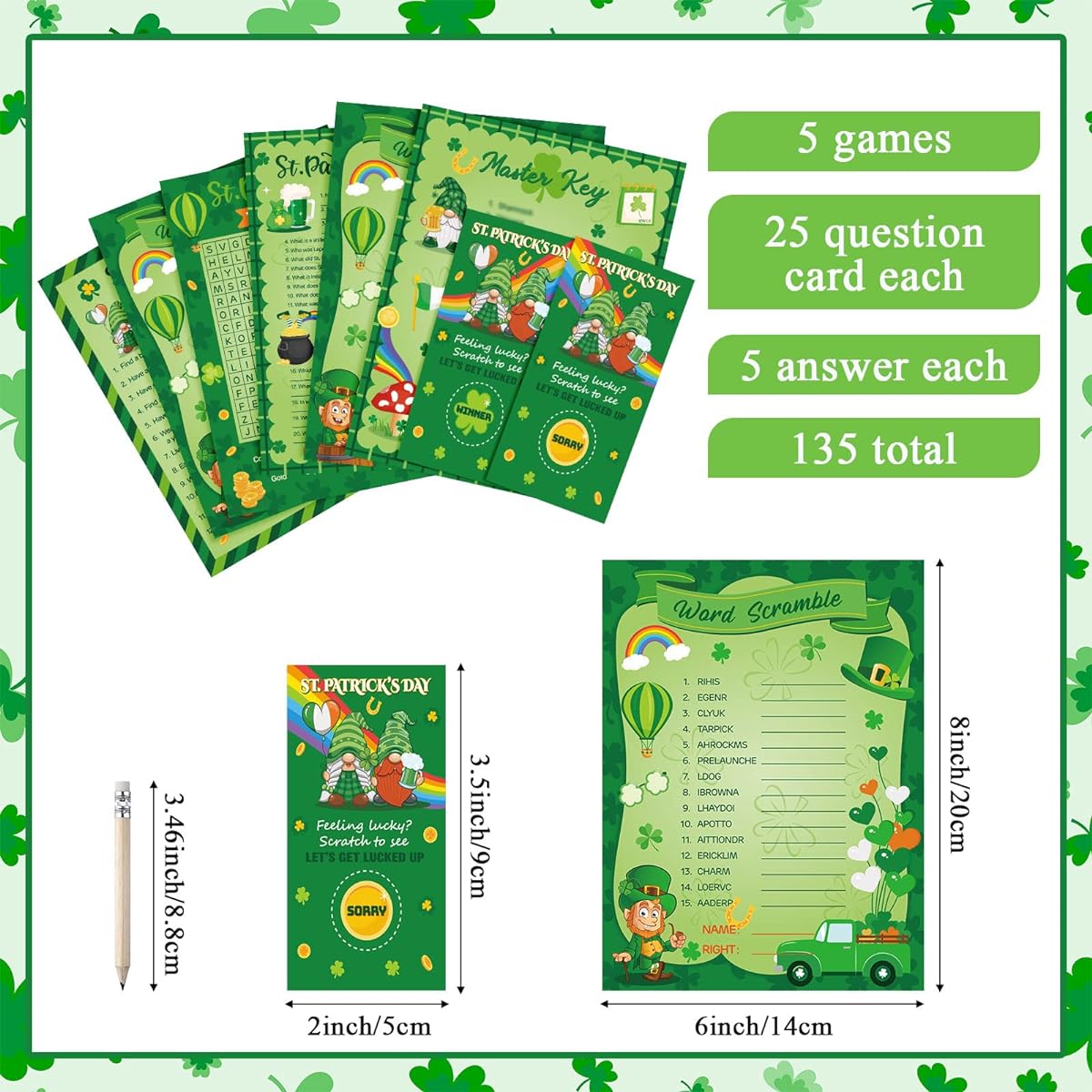 Chinco St. Patrick's Day Game Cards, Lucky Shamrock Cards, St. Patrick's Day Party Games, Trivia Games for Adults and Kids, Irish Classroom Games, Activities, Birthday Party Supplies, 147 Cards