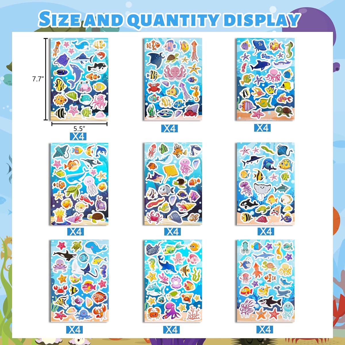 Cieovo 36pcs Cute Sea Animals Adhesive Stickers Tropical Fish Shark Decals Stickers Self-Adhesive for Ocean Theme Party Decoration Classroom Reward
