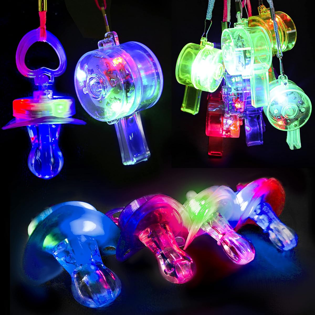 PROLOSO 20 Pieces Light Up Flash Whistle Glow in the Dark Party Supplies Includes 10 Pacifier Whistle and 10 Round Whistle with Lanyard