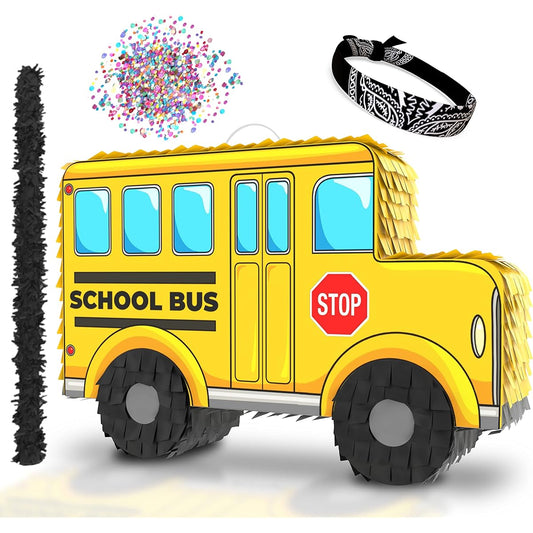 4 Piece School Bus Pinata Set, Perfect for Cartoon Birthday Party, Kids 1st 2nd 3rd Birthday Party Decorations, Classroom Essentials (16" x 10"), Durable