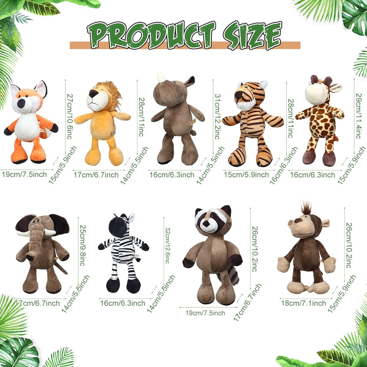 18 Pieces Safari Plush 9.9 Inch Cute Stuffed Animals Jungle Animal Toys Set with Tiger Lion Elephant Monkey Zebra Raccoon Rhino Giraffe Plush Toys for Zoo Animal Theme Party
