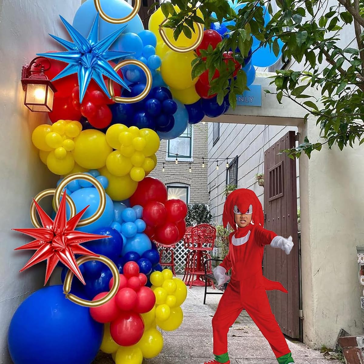 136pcs Red Blue Yellow Balloon Garland Arch Kit with Starburst Balloons and Number 4 Balloons Cartoon Hedgehog Carnival Circus Theme Kids 4th Birthday Party Decorations