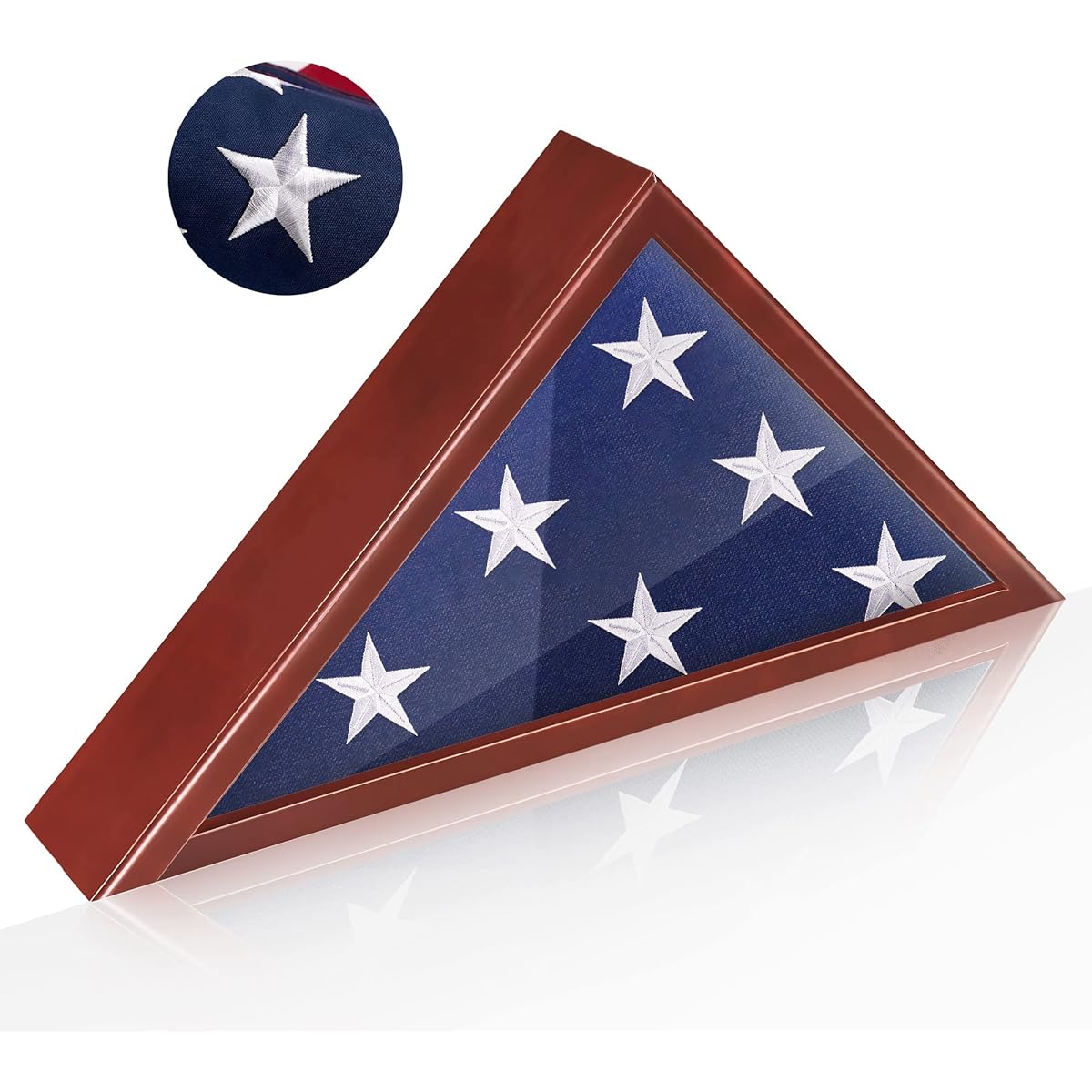 This Memorial American Flag Set 5x9ft with Wooden Display Case, Flag Shadow Box, Cotton US Burial Flag, Embroidered Stars, Wall Hanging Funeral Flag Kit
