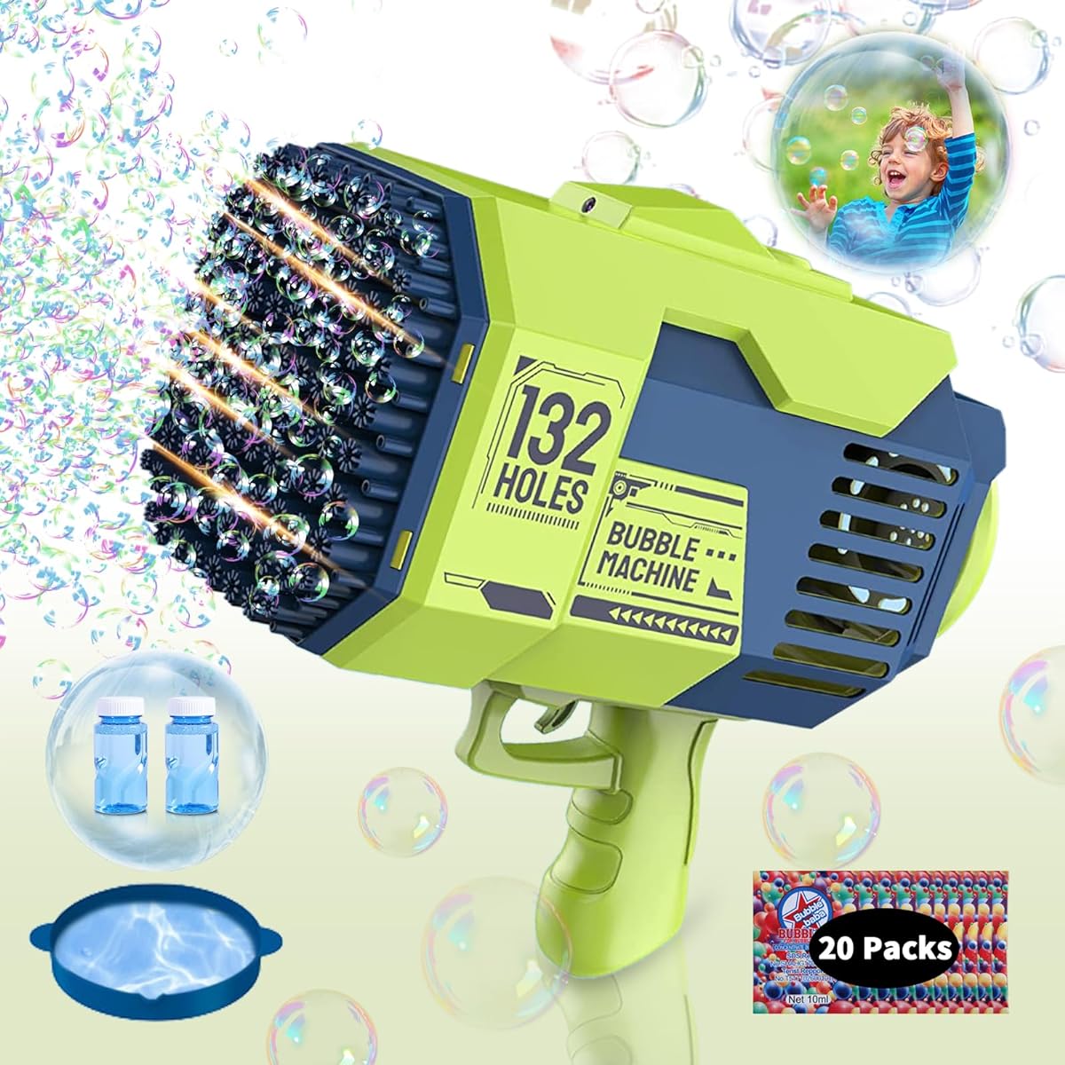 Upgrade 132 Holes Bubble Gun Bubble Machine Gun with Bubble Solution for Kids 3 4 5 6 7 8 9 Years Summer Toy Bubble Maker Giant Foam Maker Gun Toy Wedding Outdoor Party Gift Blue & Green
