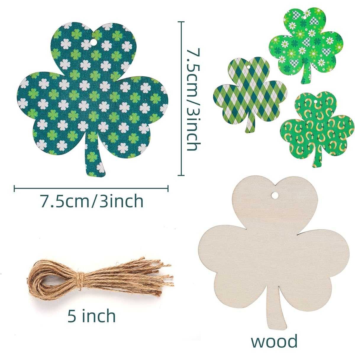 WBCBEC 24 Pieces St. Patrick's Day Decorations Wooden Shamrock Clover Ornaments Shamrock Wooden Ornaments Hanging Ornaments with Rope St. Patrick's Day Tree Table Decor