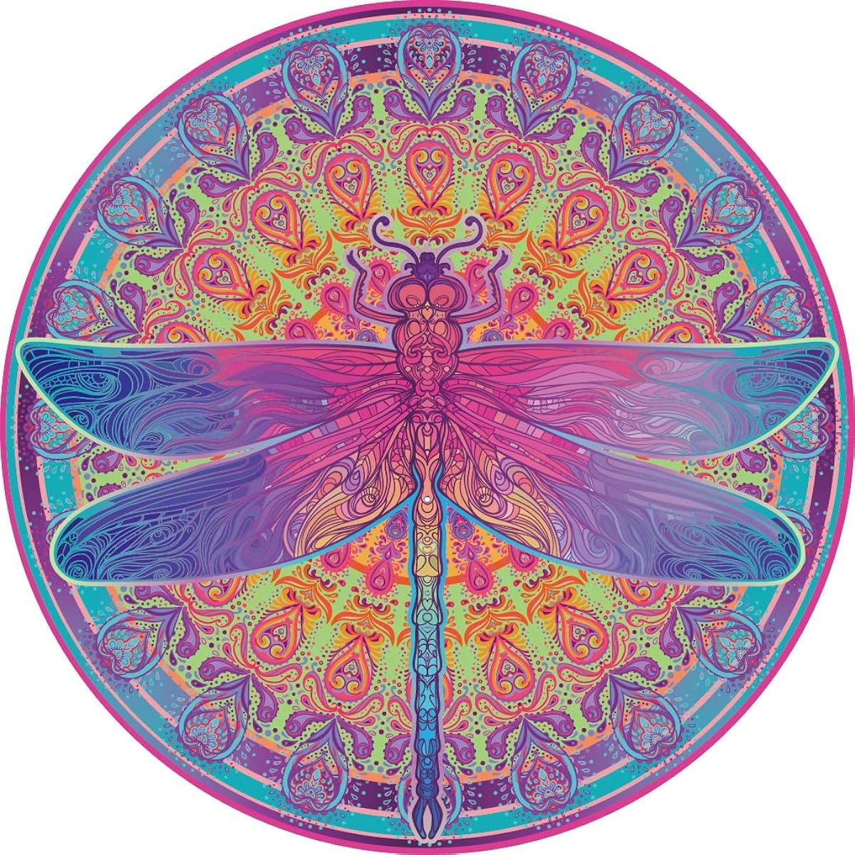Bgraamiens Puzzle-Zentangle Dragonfly - 1000 Piece Vibrant Dragonfly Round Mandala Puzzle Color Challenge Jigsaw Puzzle