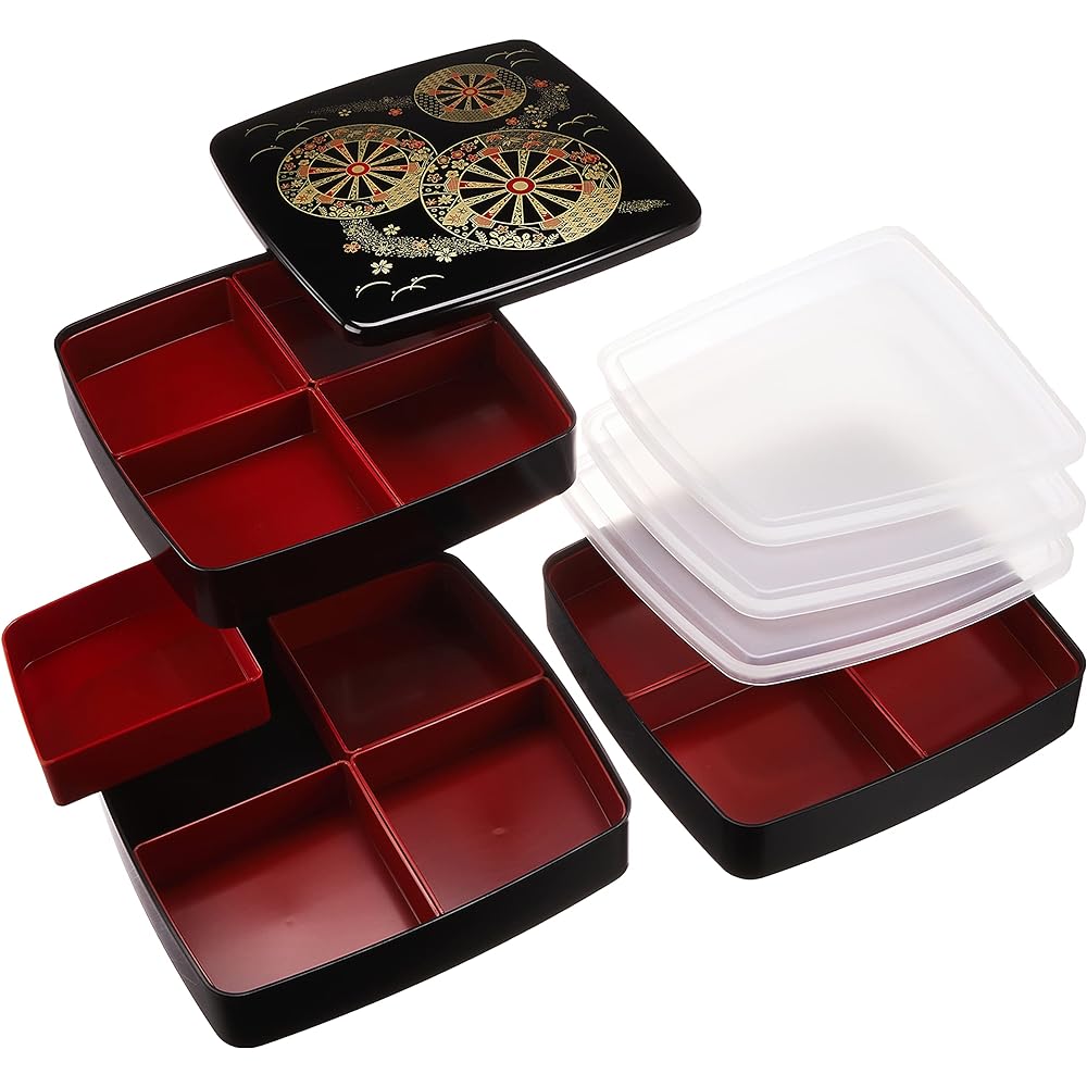 Wakaizumi lacquerware 3-tier box 8 inch new dohariju black Imperial car (inner black) with 12 vermilion partitions, 3 packing inner lids H-156-18