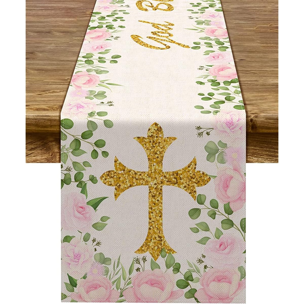 Girls Christening Table Runner God Bless First Holy Communion Christening Baby Shower Party Kitchen Dining Home Decor (13" x 108")